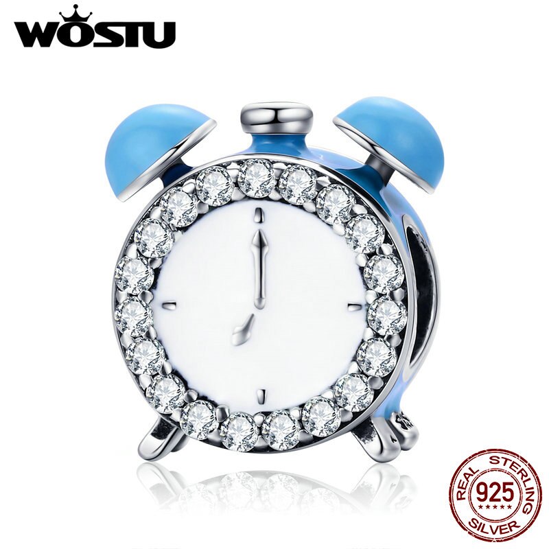 WOSTU Echt 925 Sterling Zilver De Wekker, blue Enamel CZ Charm fit Kralen Armband Bangles DIY Sieraden FIC659