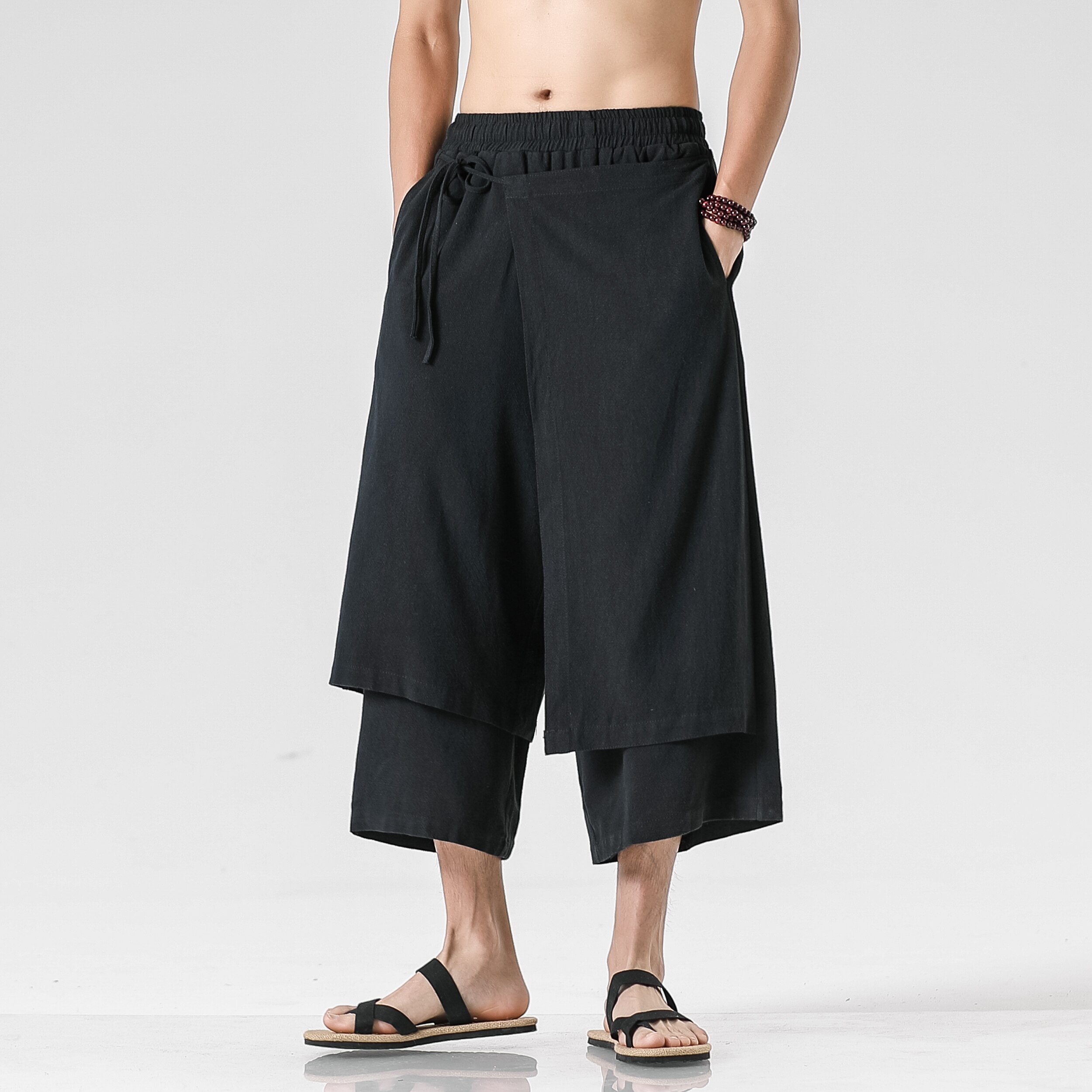 Heren Casual Withe Wijde Pijpen Broek Heren Onregelmatige Katoenen Linnen Harembroek Man Effen Vintage Rokken Broek M-5XL: L / Black