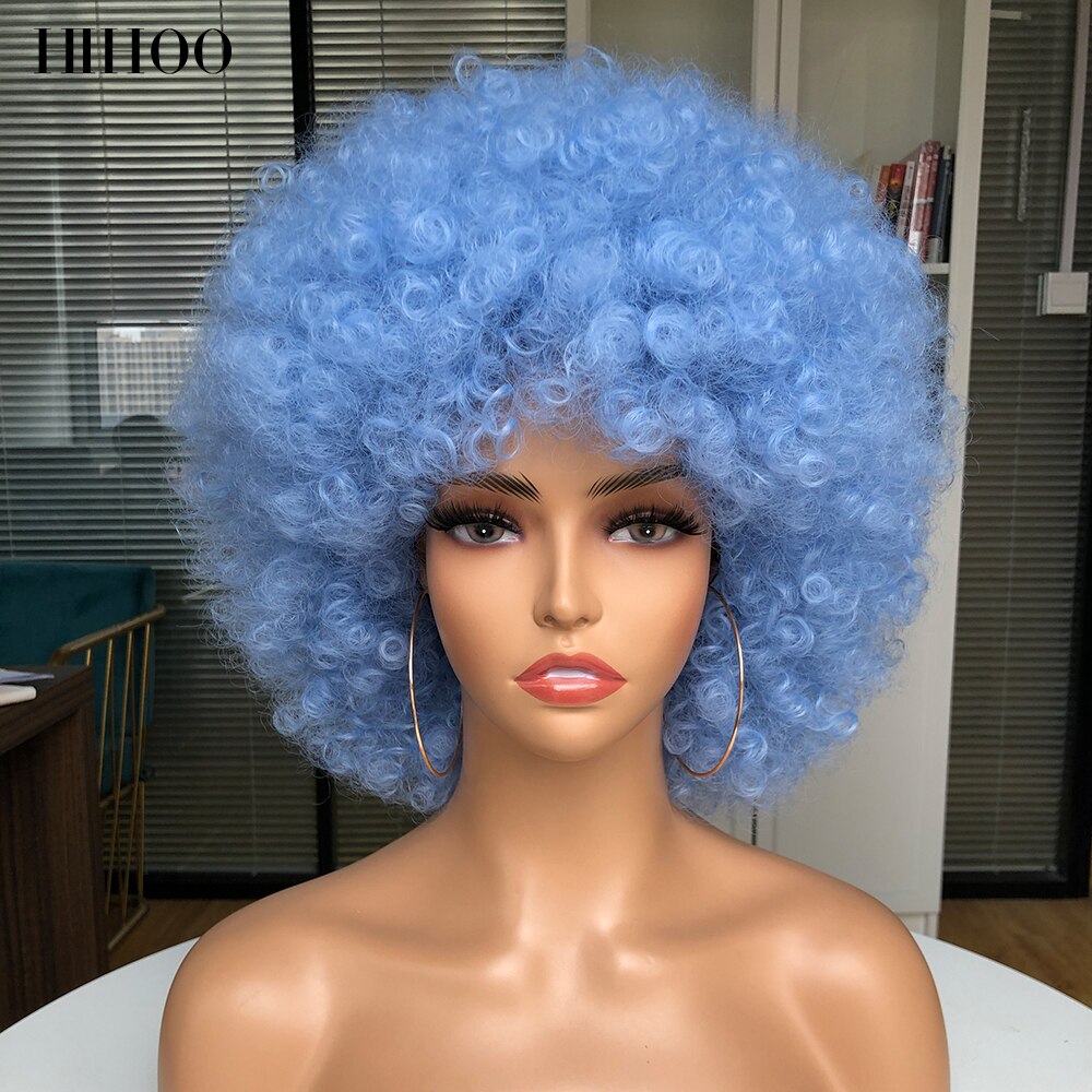 Peluca Afro rizada de pelo corto con flequillo para mujer, peluca sintética rosa para Cosplay, color negro, azul, rojo y marrón para Halloween: P1B / 27