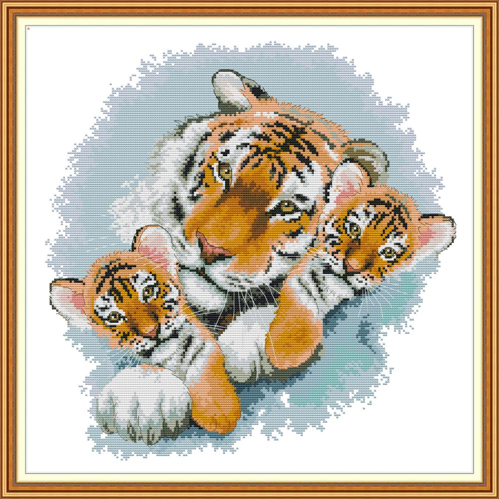 Tijger moeder en tijger baby telpatroon aida 14ct 11ct count print canvas kruissteken handwerken borduren DIY handma