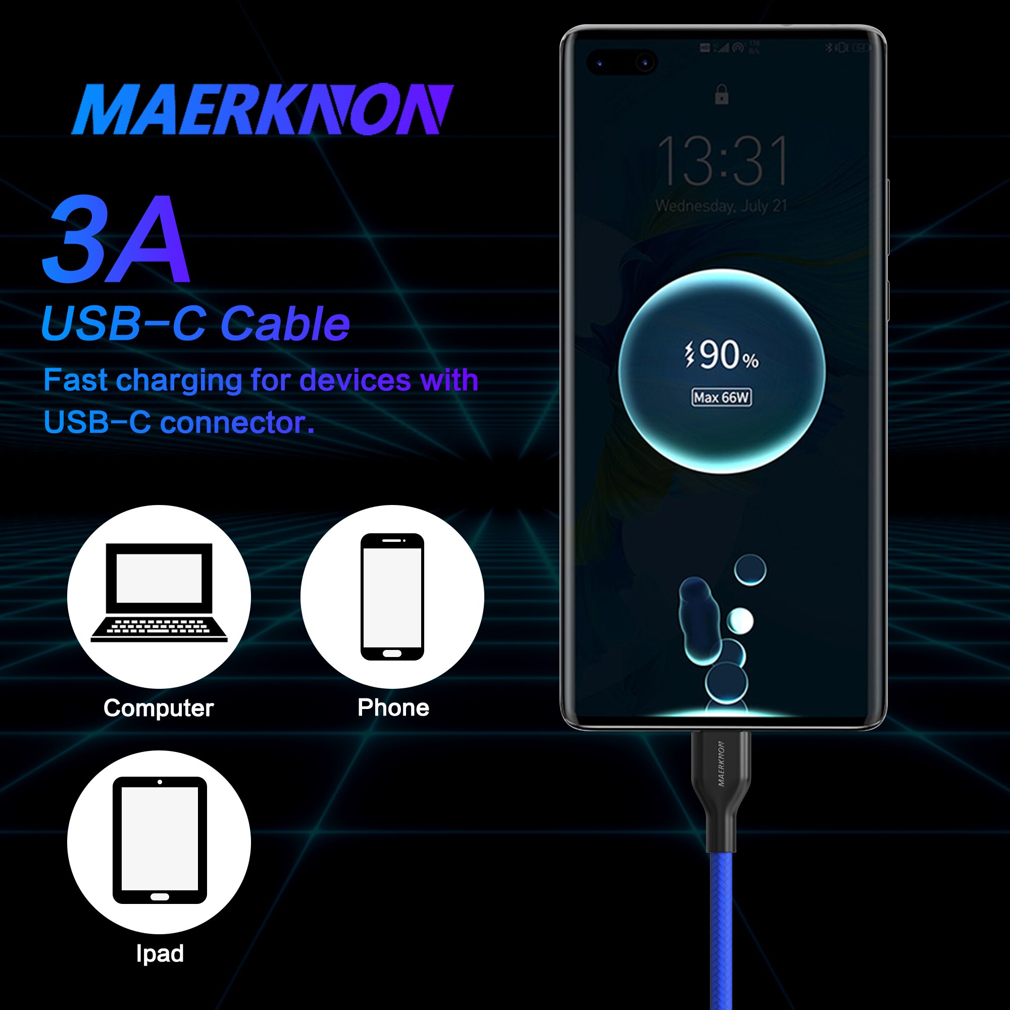 Maerknon – câble USB Type C QC 3.0 3A, charge rapide, transfert de données, compatible avec Xiaomi, Samsung, Oneplus, Huawei