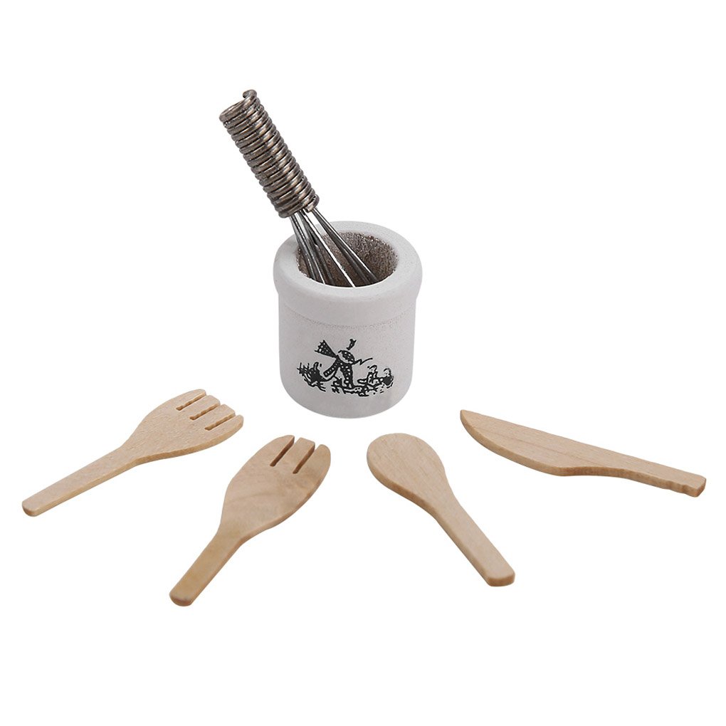 Houten Mes En Vork Metalen Garde Jar Set Poppenhuisminiaturen 1:12 Accessoires Poppenhuis Mini Keuken Accessoires