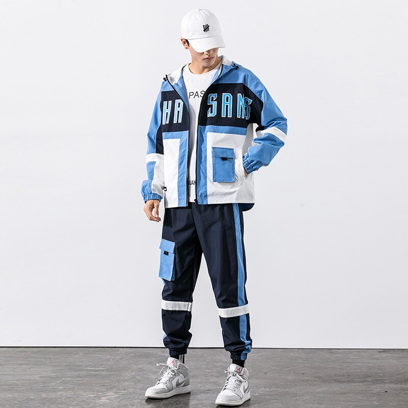 Heren Trainingspak Set Capuchon + Broek Werkkleding Grote Pocket Sportkleding 2 Delige Set Hiphop Patchwork Sport Pak voor Mannen Kleding