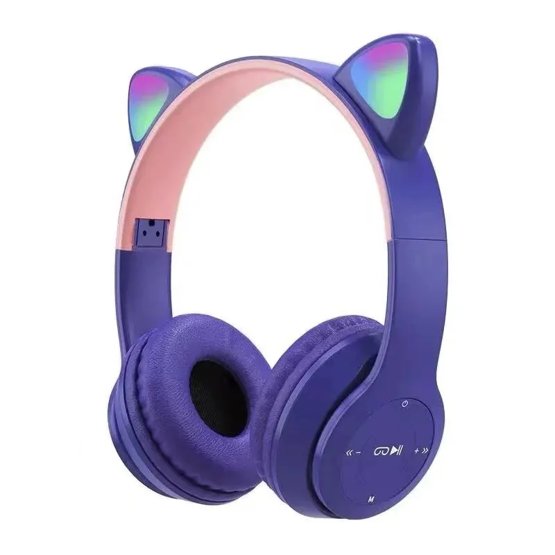 Cute Cat Ear Bluetooth Headphones with LED Wireless Headset Children Girls Stereo Folding Sports Headset with Microphone: PURPLE
