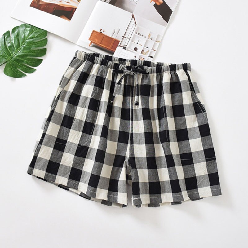 Summer Ladies Loose Thin Household Bottoms Women Cotton Sleeo Shorts Elastic Waist Soft Plaid Casual Pants With Pocket: black plaid / M