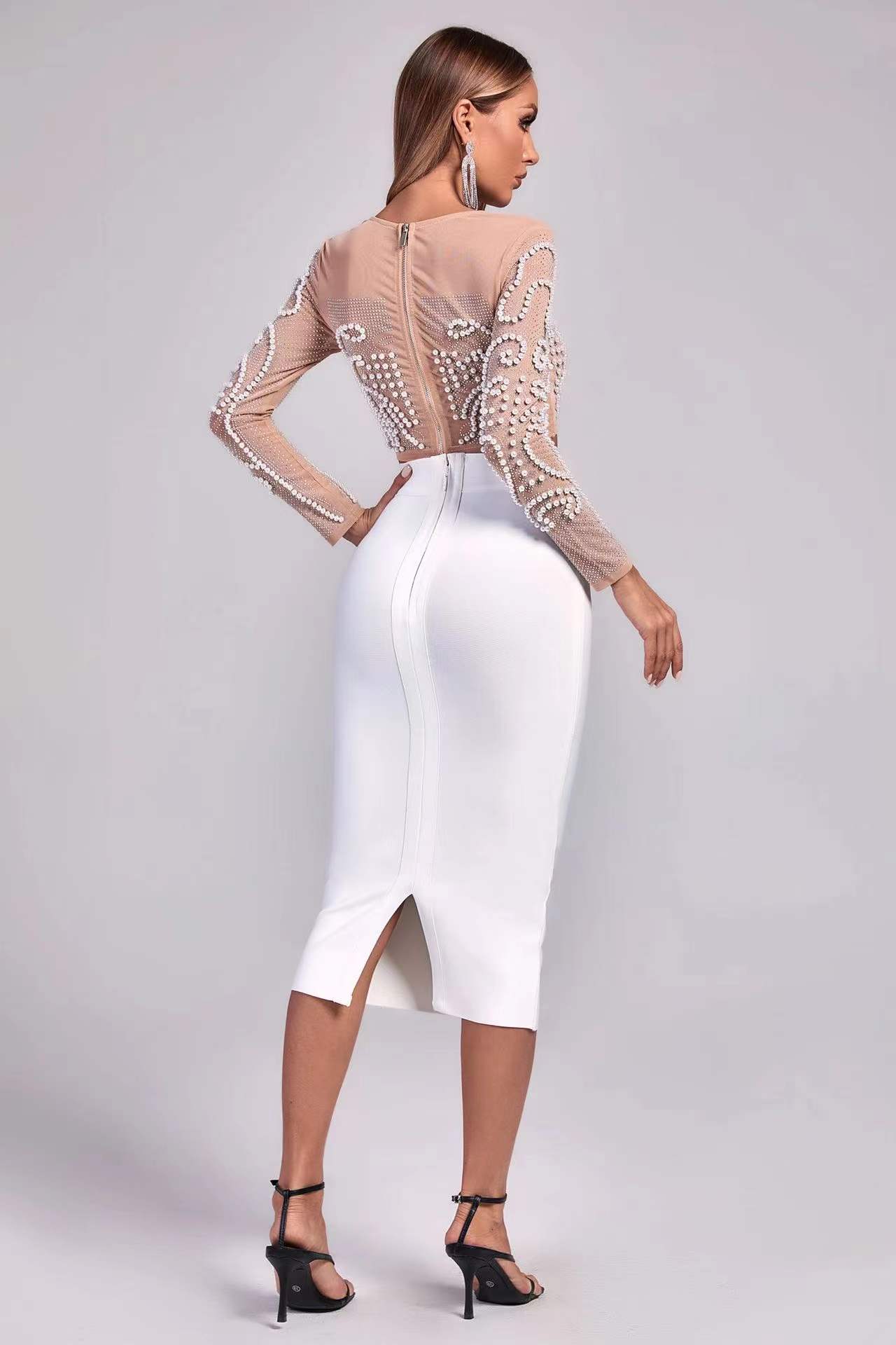 oben Promi Weiß Zwei Stücke Gesetzt Perle Perlen Aushöhlen Kunstseide Verband Kleid Party Kleid Vestidos