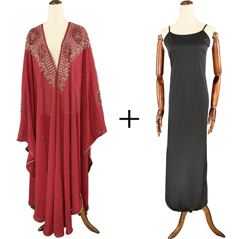 MD Super Size Chiffon Djellaba Dress Beading Embroidery Muslim Kimono Abaya Cardigan Dubai Turkish Kaftan Moroccan Boubou: Red 2
