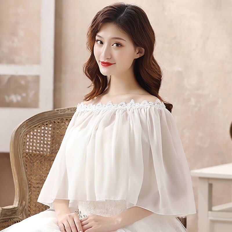 Women Summer Thin Shoulder Off Ruffle Wonderful Chiffon Shawl Lady Solid Soft Formal Applique Evening Wrap Ivory