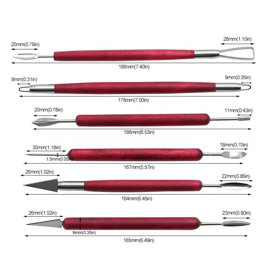6 unids/set herramientas de alfarería cuchillo de alambre de doble punta de madera roja para reparación de arcilla, juego de herramientas de tallado de escultura de arcilla Kit de herramientas de cerámica