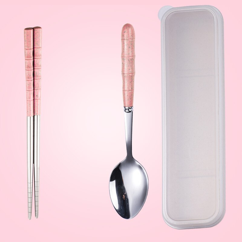 Tragbares edelstahl-essgeschirr-einstellen aus weizenstroh, essstäbchen, löffel und gabel, geschirr für kinderküchen-essgeschirr-einstellen: Rosa -2 stück 1