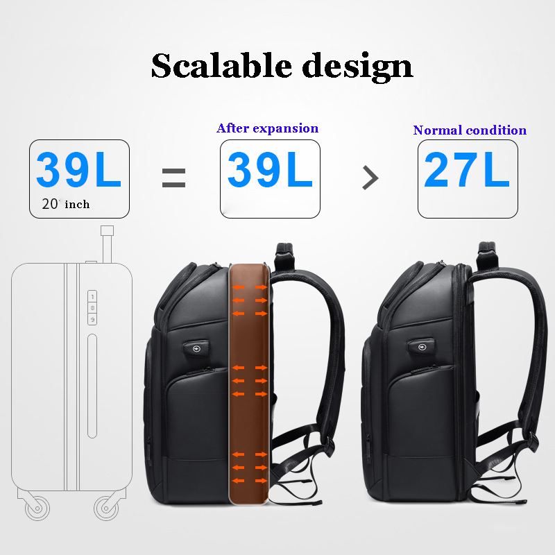 Crossten 39l erweiterbare tasche, großes fassungsvermögen, 15.6 "-laptop-rucksack, usb-ladefunktion, wasserdicht, reise- und schulrucksack, diebstahlsicherung