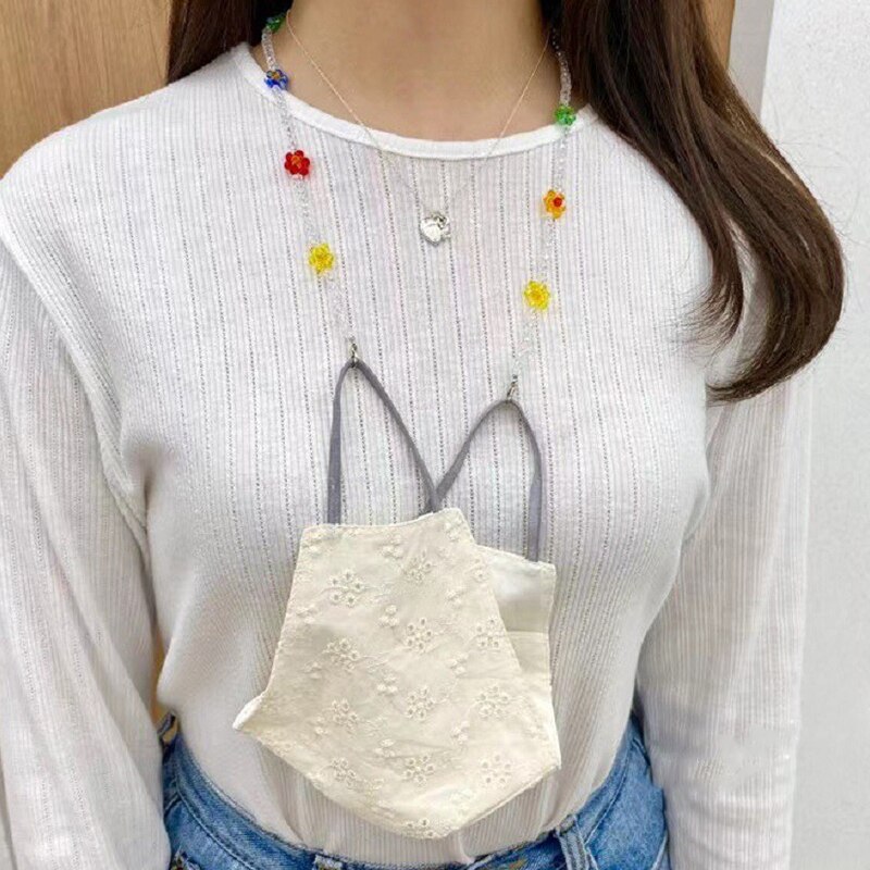 AOMU Neue Süße Bunte Blumen Klar Kristall Halskette Maske Kette Gläser Halfter Gurt Schlüsselband für Frauen freundlicher Zubehör