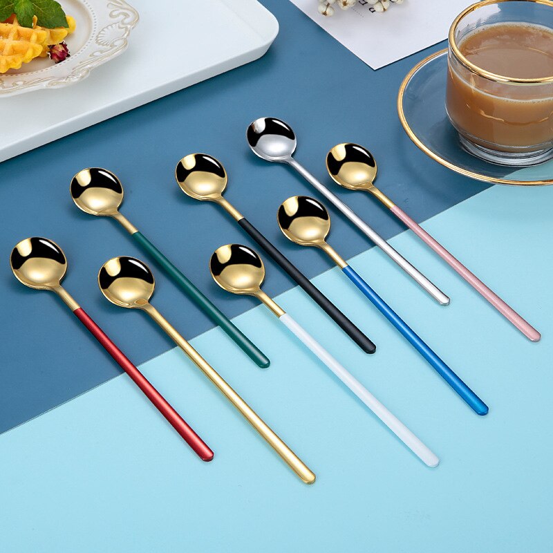 1Pc Stainless Steel Spoon Dinnerware Long Handle Spoon Tea spoon Dessert Coffee Ice Cream Spoons Kitchen Accessories Bar Tools