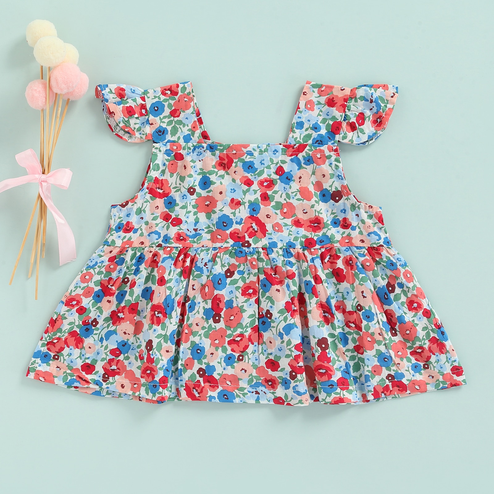 Bebê da criança menina verão topos flor impressão voar manga quadrado pescoço botão fechamento a linha camiseta casual