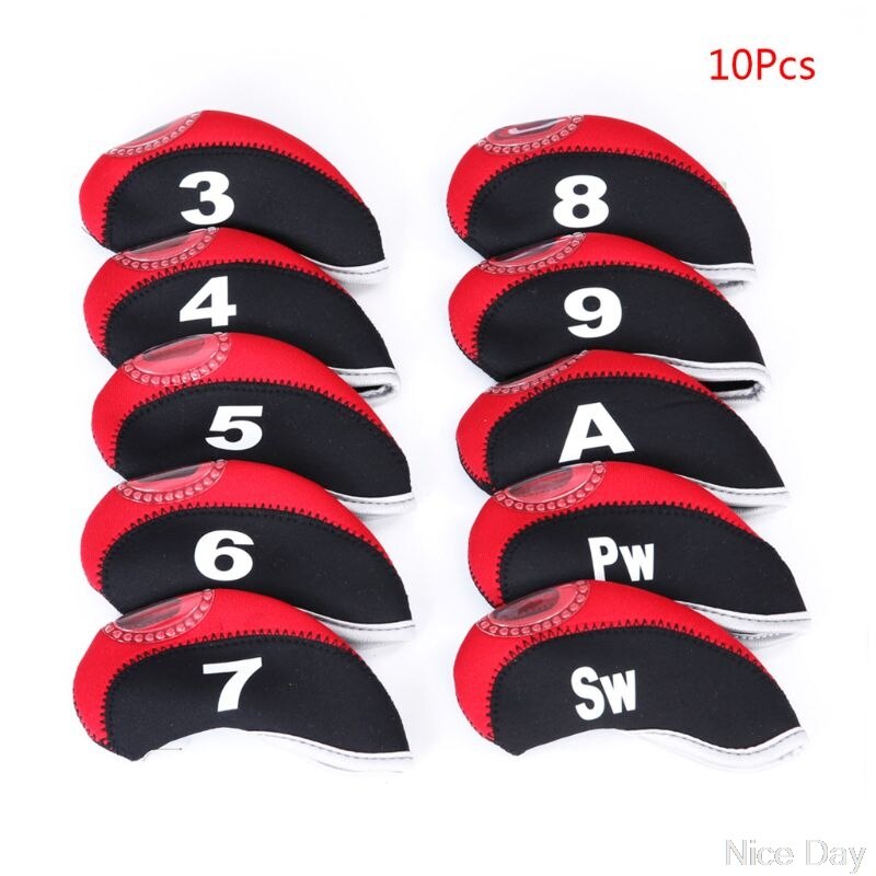 10 unids/set portátil deporte funda de neopreno de cabeza para Club de Golf de hierro cubierta protectora de cabeza: 10pcs Red Neoprene