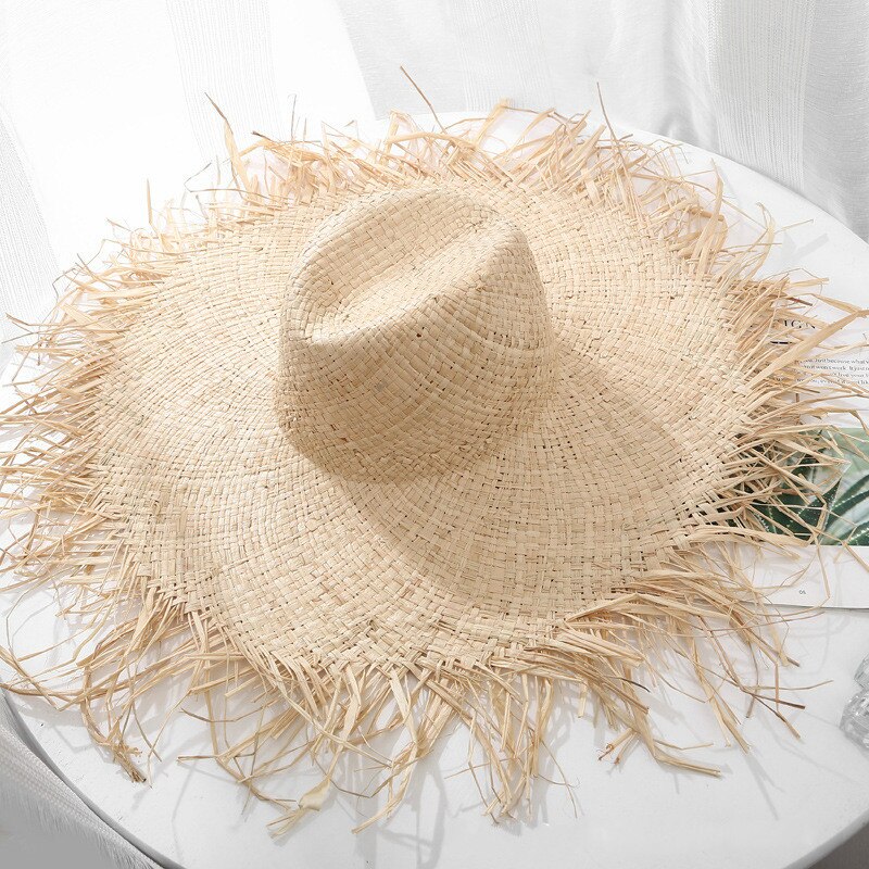 Zomer Natuurlijke Grote Brede Rand Zonnehoed Voor Vrouwen Raffia Jazz Floppy Hoed Strooien Hoeden Cirkel Fringe Hollow Out Beach panama Hoed: like picture
