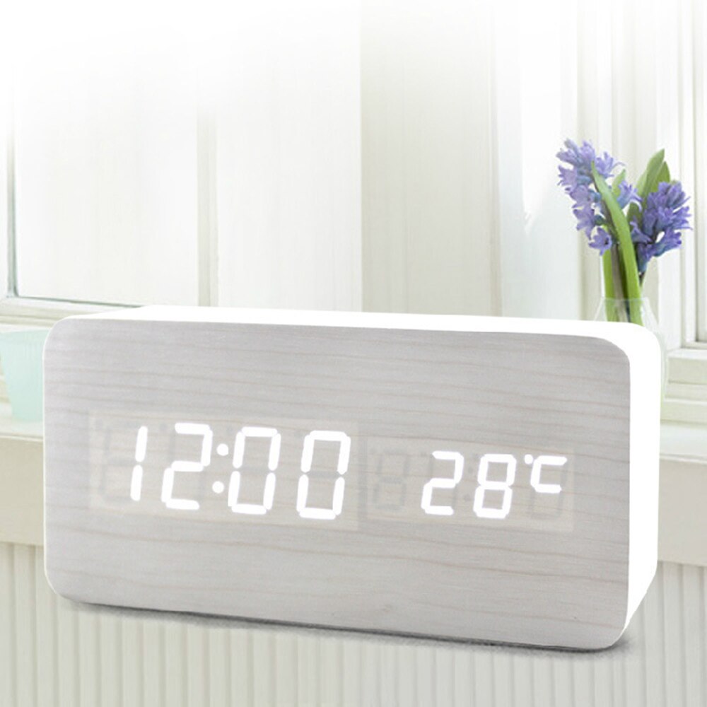 reloj despertador LED con Control de voz, termómetro Digital, retroiluminación de madera, reloj Retro brillante, mesa, Despertadores luminosos