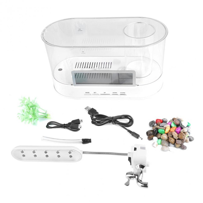 Black/White LED Light Fish Tank Mini Aquarium 5V USB Charging 1.5L capacity LCD Clock digital Display Time/date/temperature D30