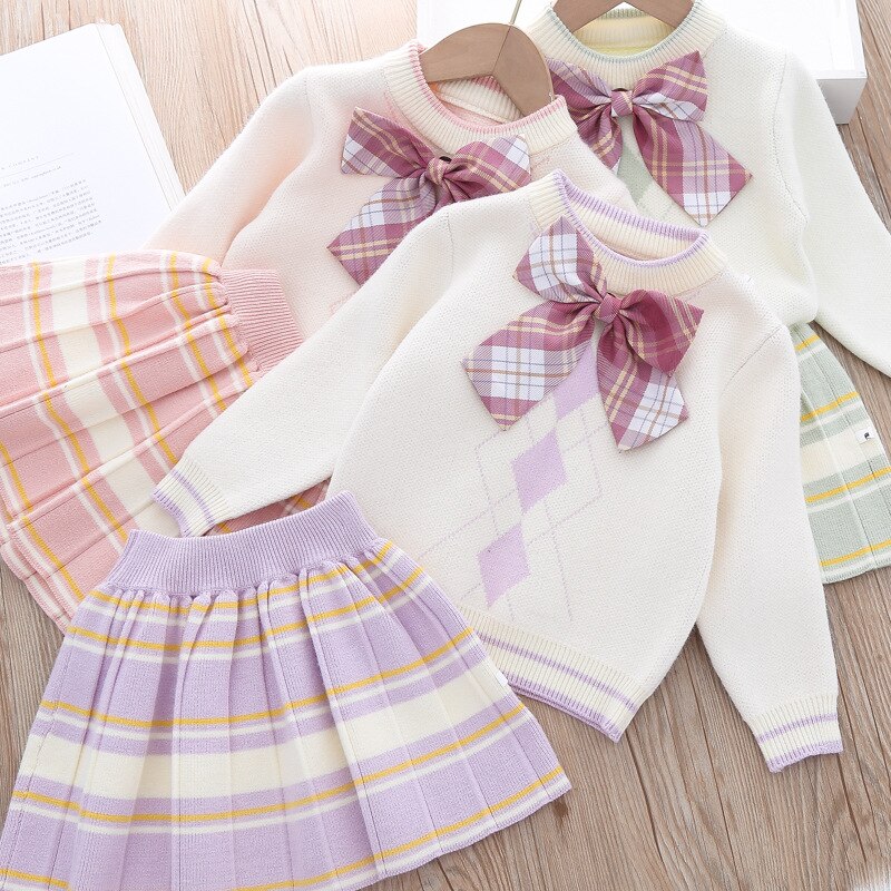 Falda corta a cuadros con lazo para niñas, ropa de invierno para niños pequeños, suéteres de invierno, suéter para niños pequeños, ropa de otoño, 2022