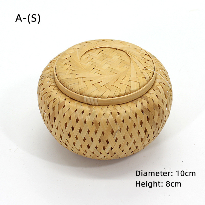 Hand Weaving Tubular Small Bamboo Basket Bamboo Snack Can with Cover Tea Egg Storage Woven Basket Bamboo Crafts: A-(S)