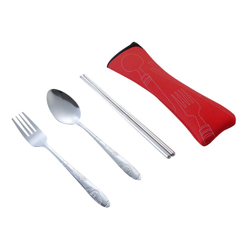 Stainless Steel Dinnerware Set Flatware Kitchen Accessories Camping Travel Sets Fork Spoon Portable Cutlery Sets With Case: red 3pcs set