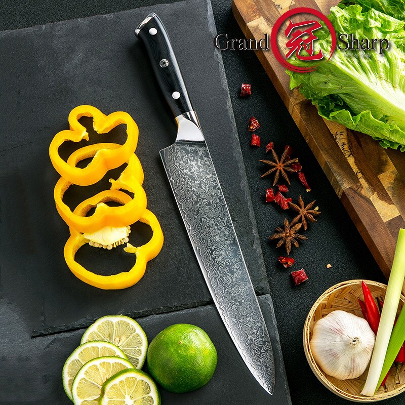 Grandsharp 9.5 Inch Damascus Chef Knife 67 Layers VG10 Steel Japanese Damascus Kitchen Knife Japanese Vegetables Slicing Tools