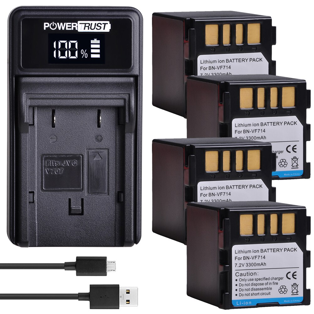 2x 3300 mah bn -vf714 batteri + led usb laddare för jvc bn -vf707,  bn -vf707u bnvf 707,vf707 bn-vf714 bn-vf733 gr-d240 batterier: 4 batterier och laddare
