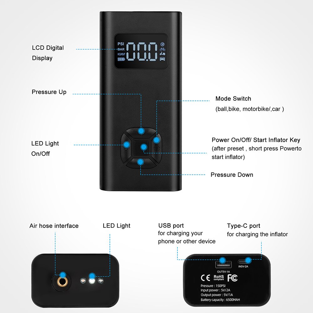 5v 150 psi johdoton auton rengaspumppu usb ladattava 6500 mah akku mini digitaalinen ilmapumppu renkaan täyttö kannettava ilmakompressori