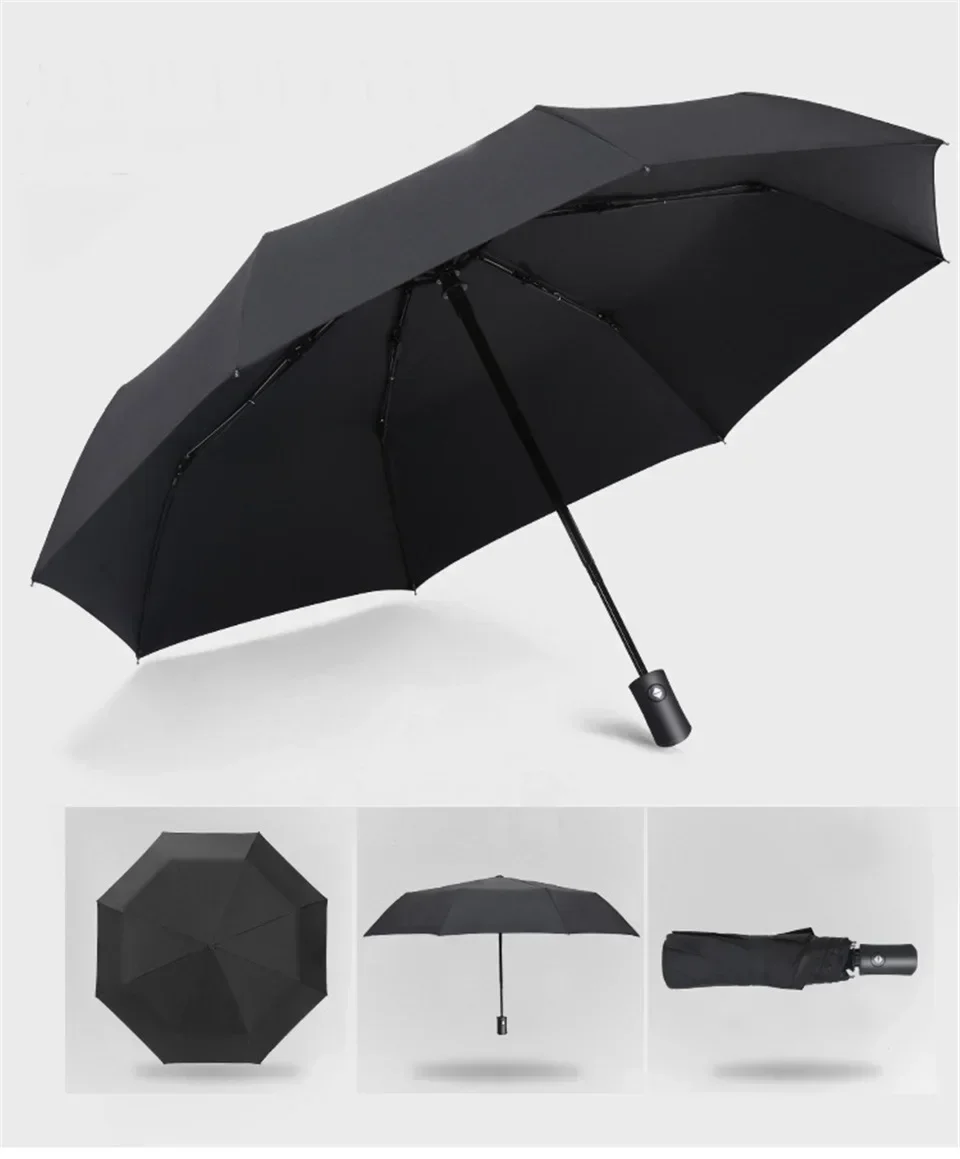 Automatischer Regen- und Sonnenschirm, schwarze Beschichtung, Sonnenschirm, Anti-UV, 3 faltbar, windbeständig, automatisch, luxuriös, groß, winddicht, für Damen und Herren, 8 Bänder