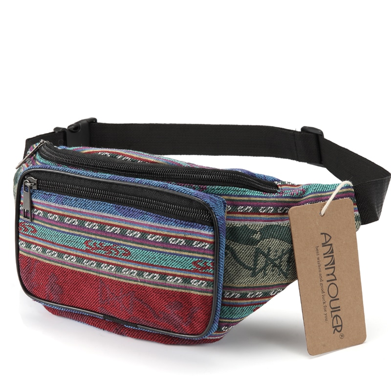 Annmouler Mode Vrouwen Taille Packs 6 Kleuren Stof Fanny Pack Dubbele Rits Borst Bag Bohemian Stijl Tribal Telefoon Riem Tas