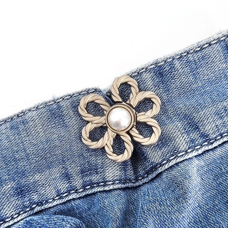 Botón de cintura con lazo para apretar, hebilla de cintura ajustable en forma de estrella y flor, sin costura, broche para pantalones, alfileres de fijación para pantalones vaqueros reutilizables: Verde esmeralda / Pistola negra plateada