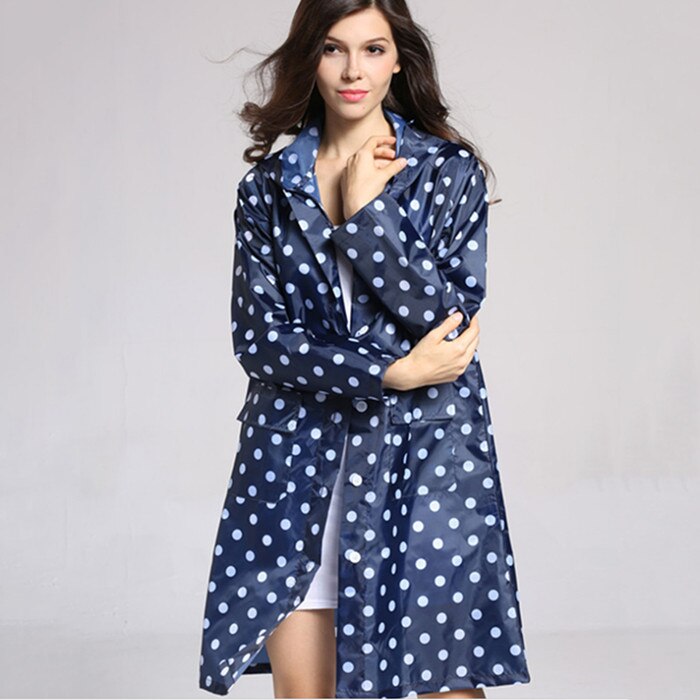 Chubasquero con capucha de lunares para mujer, ropa impermeable para viajar al aire libre para mujer, Poncho para mujer, chaqueta para lluvia largo tipo piloto: Blue