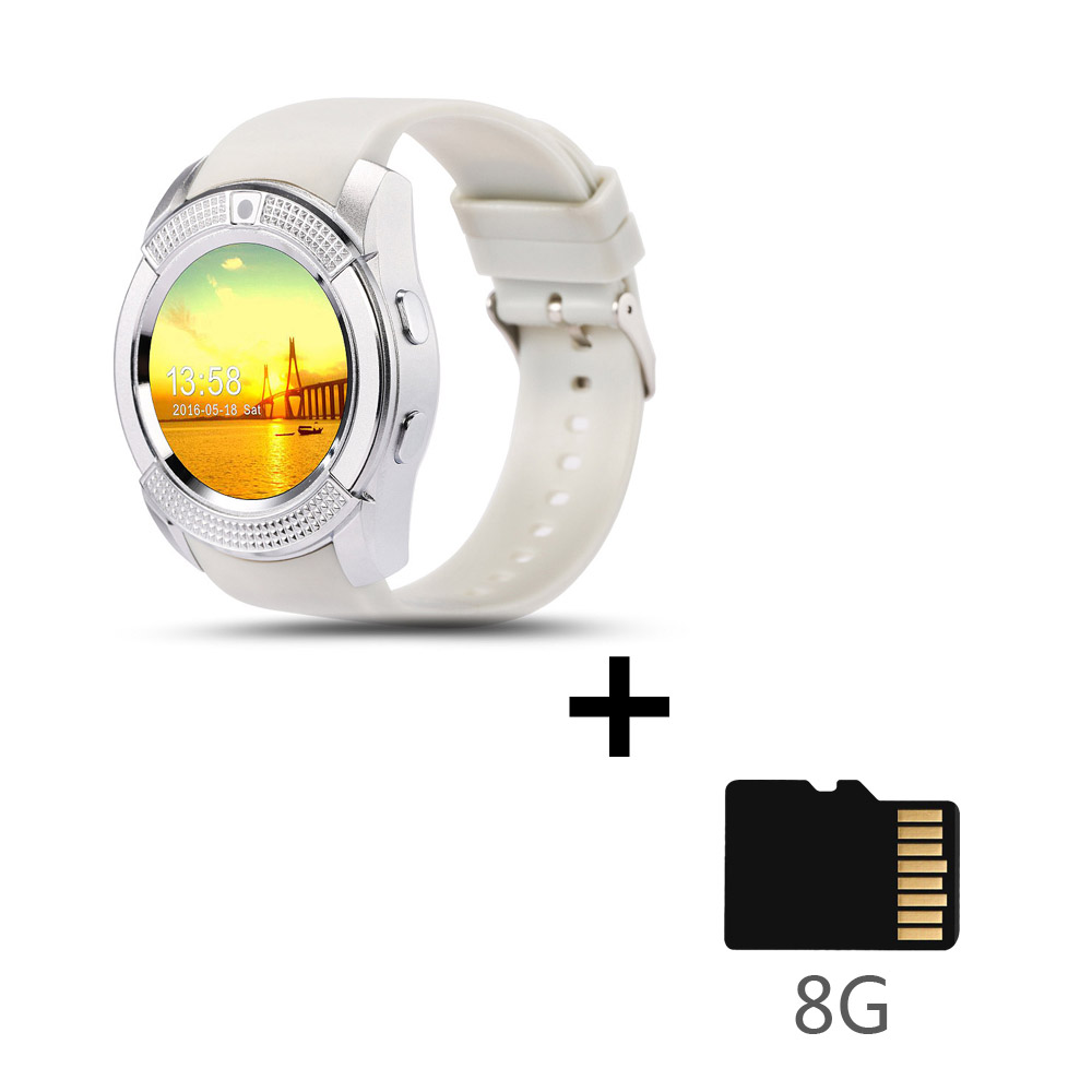 V8 montre intelligente carte sim hommes caméra arrondi réponse appel cadran appel Smartwatch android Fitness Tracker Sport: white-Add-8GB-SDCard