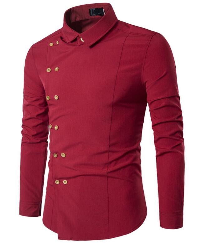 Märke herrskjorta dubbelknäppt klänning skjorta långärmad slim fit camisa masculina casual manliga hawaiianska skjortor: Röd / L