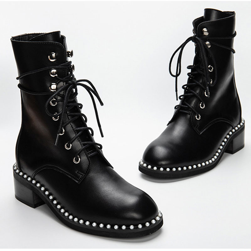 Martin Boots Female Handsome Autumn and Winter Flat-bottomed Thick-soled Locomotive British Style Pearl Short Boots Women