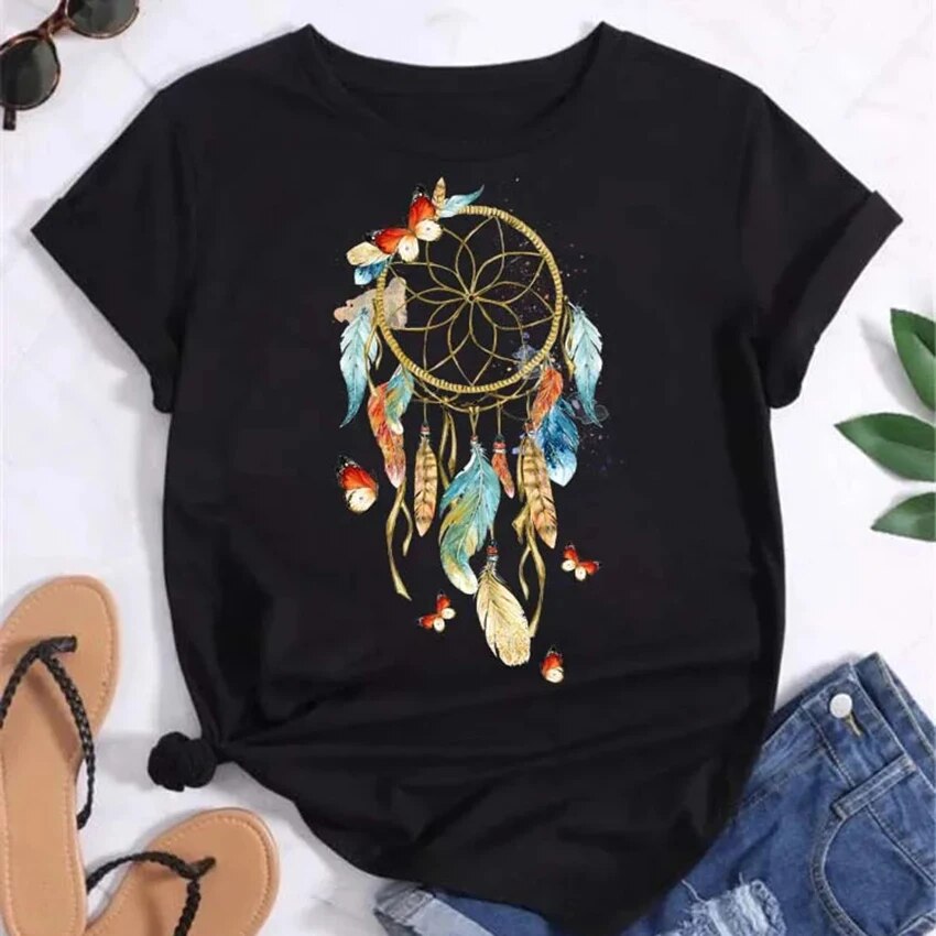 T-shirt plume Dreamcatcher pour femme, t-shirts graphiques Harajuku, chemise ReplCatcher, vêtements à la , Y: XXXL / Black