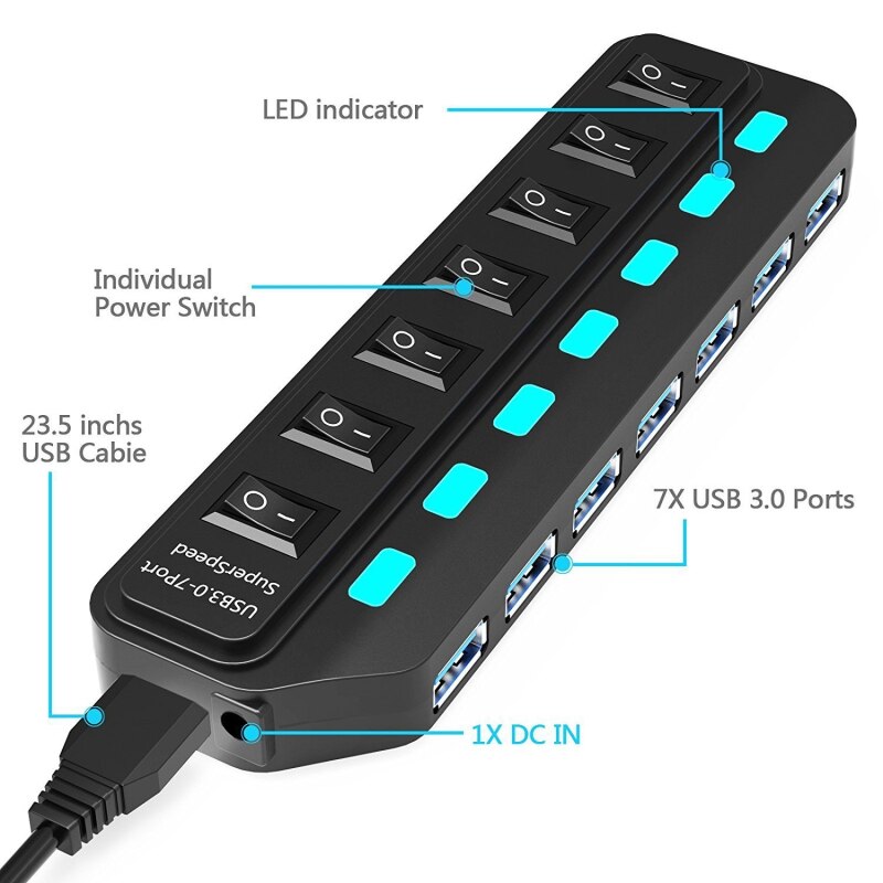 Usb 3.0 Hub Powered 7 Poort Aluminium Data Hub Super Speed 5Gbps Data Transfer Snelheid Meerdere Usb-poorten Voor windows Linux Pc