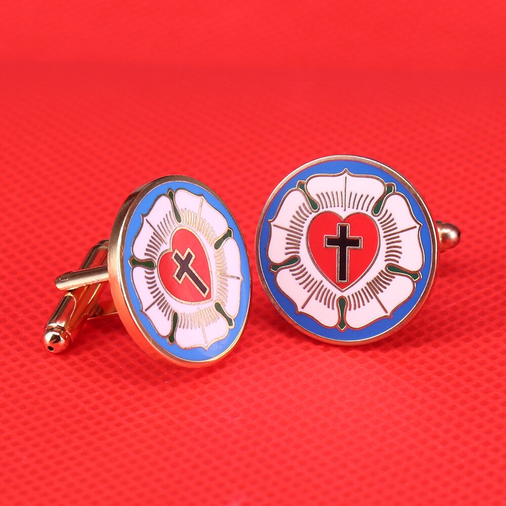 Lutheranism cufflinks Christian cross cufflink rose red heart Lutheran seal pattern religious jewelry mens cuff accessories