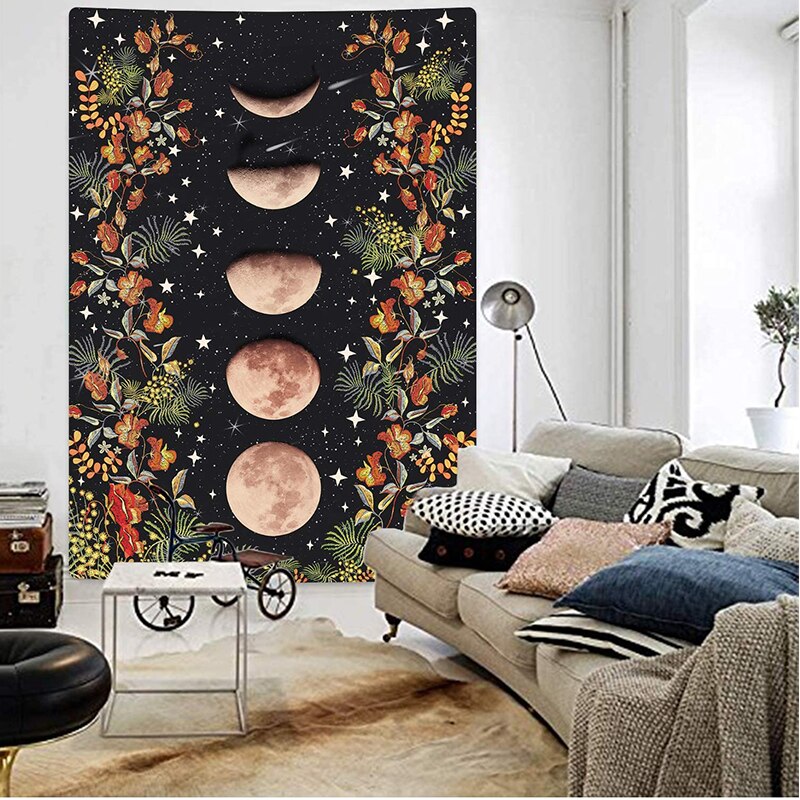 Large Moonlit Garden Tapestry, Moon Phase Flower Vine Tapestry Black Background Floral Tapestry Wall Hanging for Room