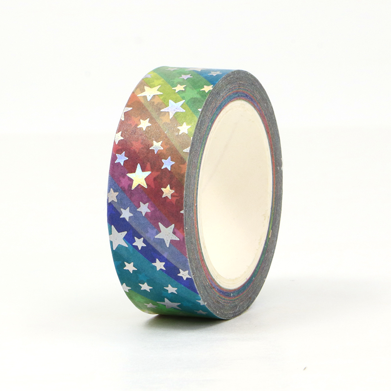 1 unidad. Cinta Washi de estrellas arcoíris de lámina plateada decorativa de 10M para planificador, pegatinas adhesivas para álbum de recortes, cinta adhesiva, papelería Kawaii bonita