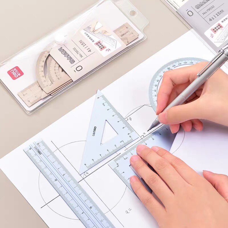 Deli Aluminium Ruler Set 4pcs/set Metal Geometry Maths Drawing compass DIY stationery Rulers mathematical for School 79532