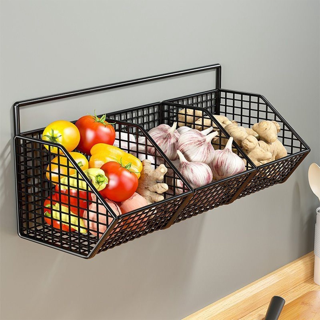 Cesta de armazenamento de cozinha montada na parede, rack de armazenamento de fio durável para legumes e frutas, adequado para organização doméstica