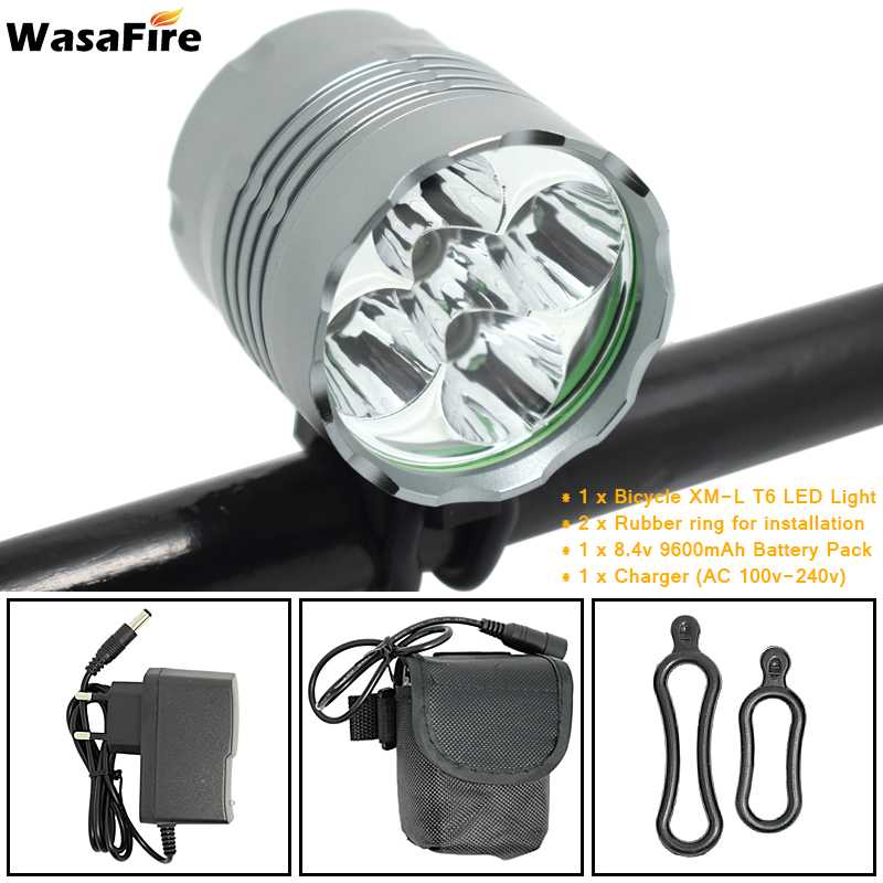 5*t6 led cykellygte lanterne 7000lm cykel forlygter mtb forlygte cykellygte  + 8.4v oplader  + 18650 batteripakke: Med 9600 mah batteri