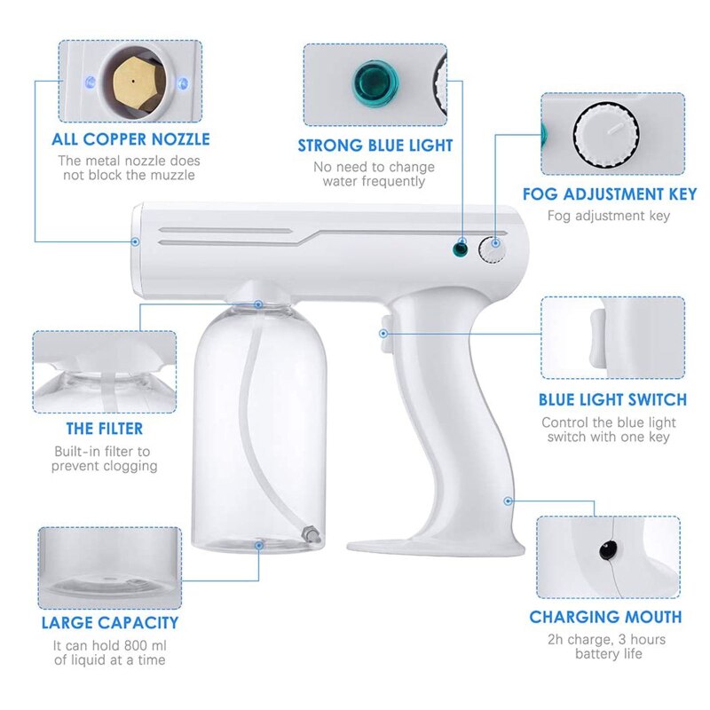 800ML Wireless Electric Gun Disinfectant Sprayer Blue Light Nano Steam Spray Gun Sterilizing Nano Spray Gun For Home Office