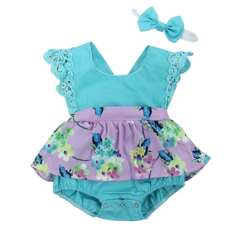 Zomer baby meisjes bodysuit bloemenpatroon katoenmix paars blauw baby jongens meisjes mouwloos bodysuit 0-24m: Ik / 24m
