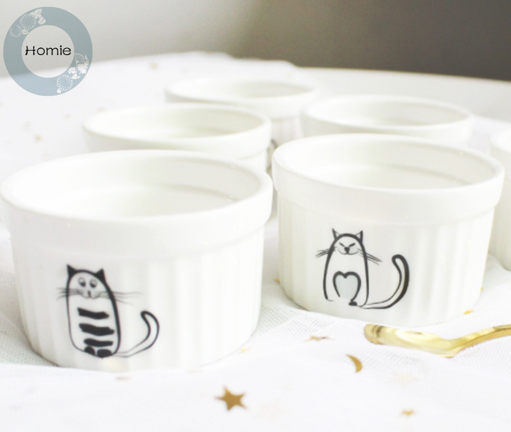 Homoes-cuenco de cerámica para hornear soufflé de gato de dibujos animados, cuenco para pudín, postre de gatito, Yogurt, cuenco de porcelana para pastel, taza para uso en horno, 1 ud.