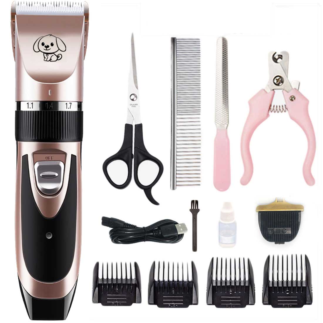 Rechargeable Pet Cat Dog Hair Trimmer Shaver Set Electric Dog Clipper Cat Low-noise Grooming Shaver Cut Machine Set+Spare Blade: Rose gold 7