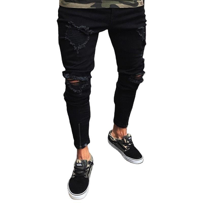 Cross-border jeans men's black ripped stretch zipper men's small leg pants