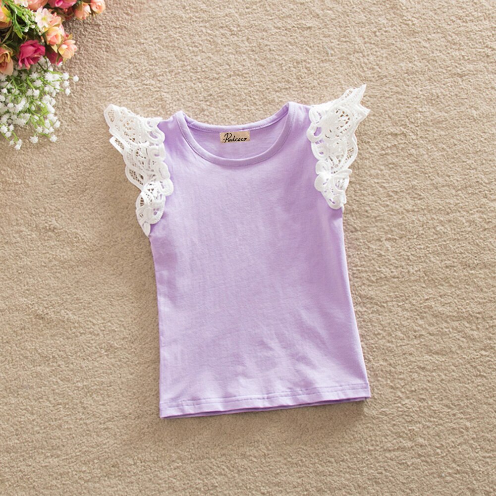 verano infantil niños algodón camiseta bebé niñas princesa sin mangas sólido cuello redondo encaje manga Tops: Púrpura / 24 meses