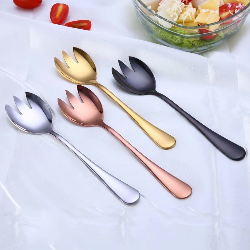 Multifunktionsguld salladsskedgaffel 2 st salladssked rostfritt bestickuppsättning serveringssked set färgglada unika skedar